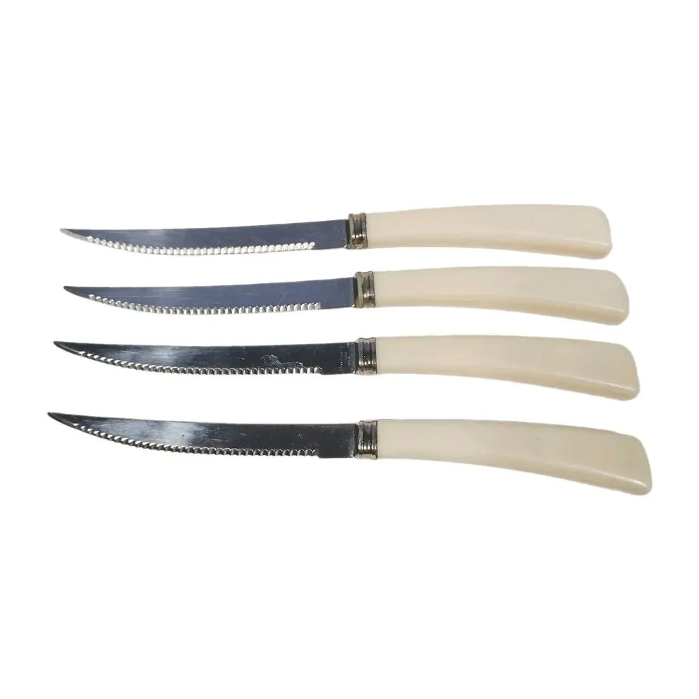 Vintage Quikut Steak Knives Set Of 4 Cream Ivory Handle Serrated USA MCM